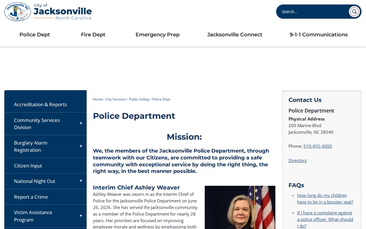 Official Jacksonville Police Department webpage with contact information