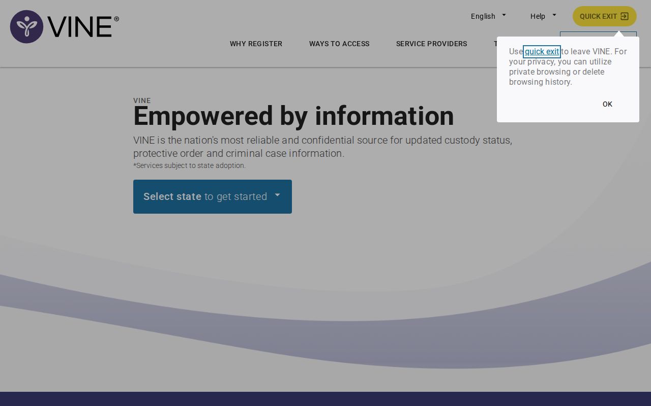 VINELink state and county custody search screen for North Carolina