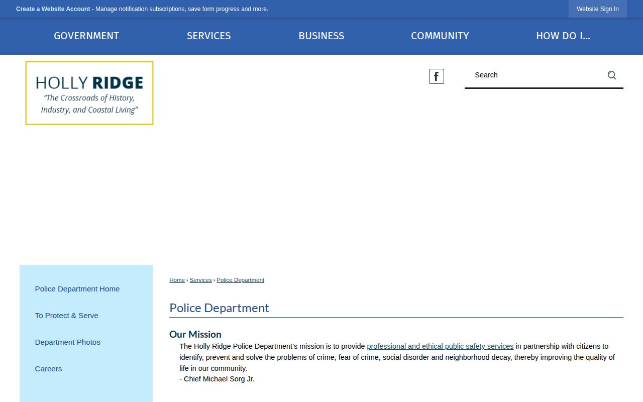 Official Holly Ridge Police Department page with address and telephone number